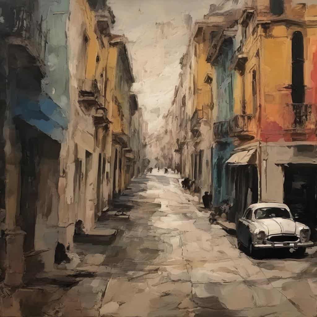 Παραδοσιακός δρόμος με κτίρια σε ζωγραφικό στυλ, εμπνευσμένος από Τέχνη της Φαντασίας και Πραγματικότητας.