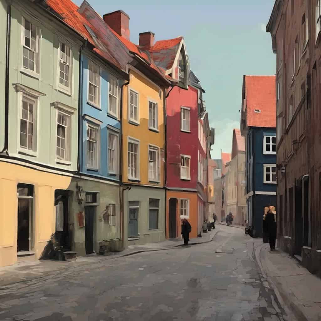 πολυχρωματικά κτίρια σε στενό δρομάκι, τέχνη φαντασίας και πραγματικότητας, καλοκαιρινή πόλη, πολύχρωμος δρόμος, όμορφη αρχιτεκτονική φυσικότητα.