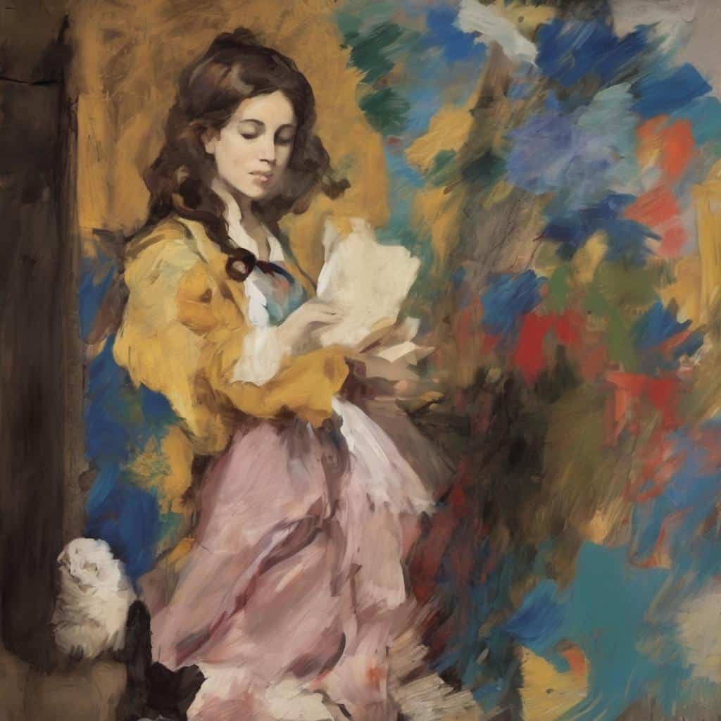 Ανθρώπινη γυναίκα διαβάζει γράμμα σε πολύχρωμο ελαιογραφία, τέχνη της φαντασίας και της πραγματικότητας.