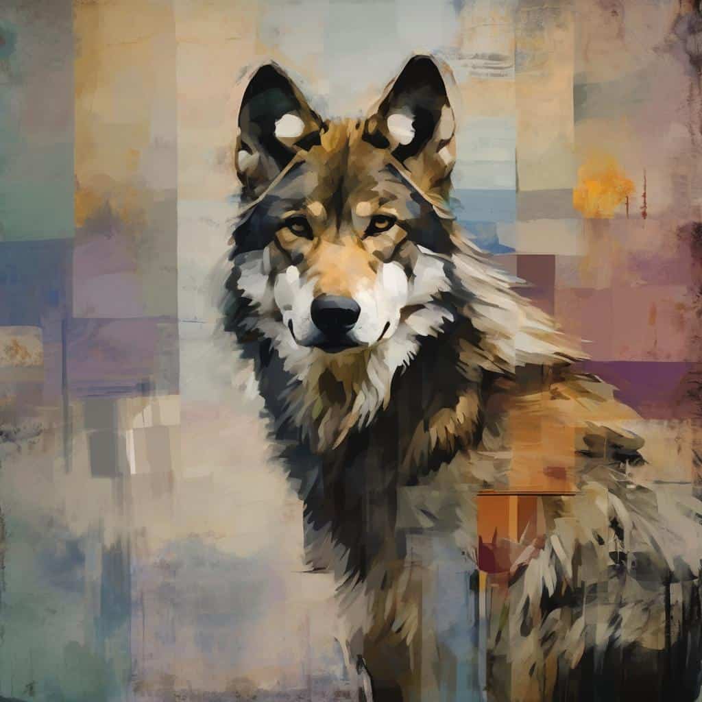 Λύκος πορτραίτο σε αφηρημένο, μοντέρνο στυλ, τέχνη φαντασίας και πραγματικότητας με ζωηρά χρώματα.