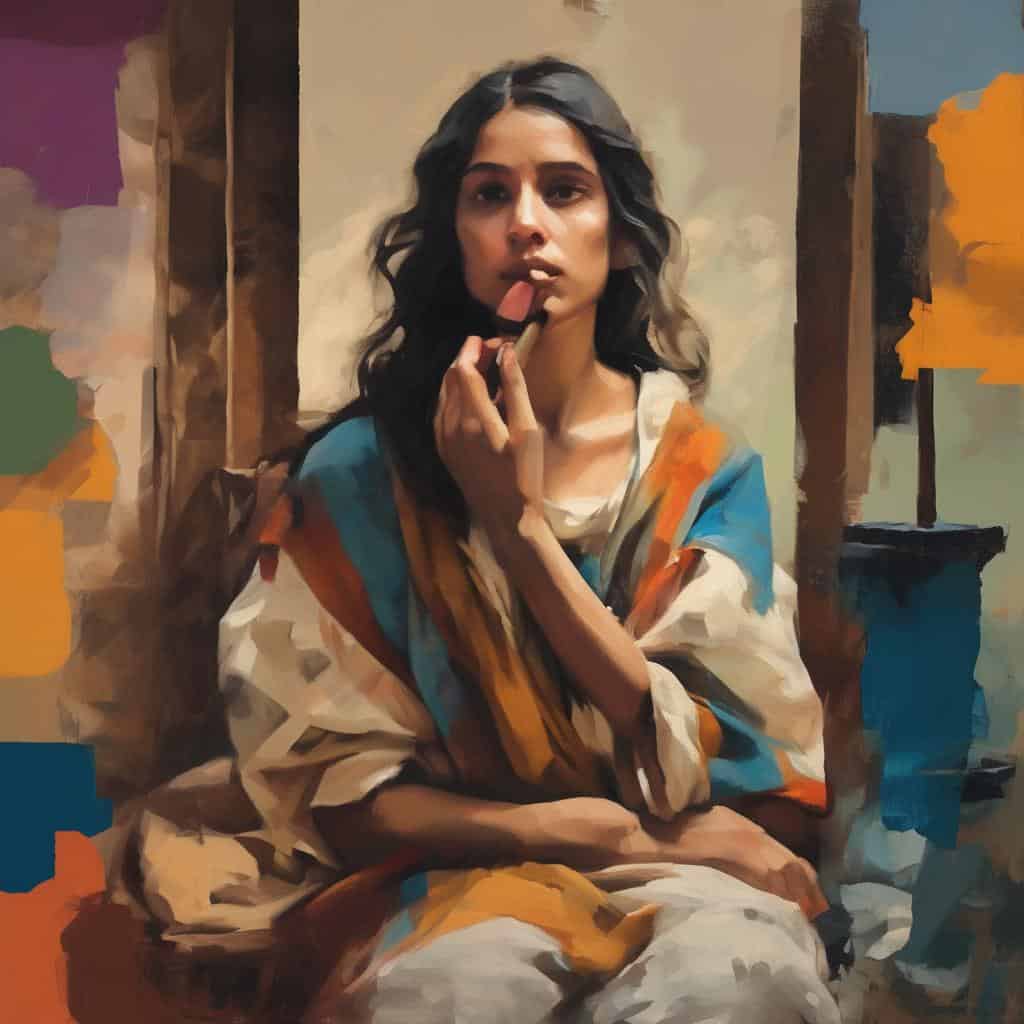 Συναισθηματική γυναίκα που βάφει τα χείλη της με πίστη στην τέχνη της πραγματικότητας και φαντασίας.